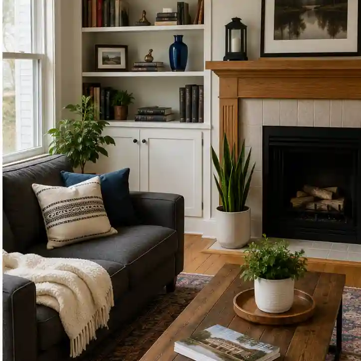 The same living room, with the small green vase on the shelf replaced by a larger dark blue vase - everything else in the scene is unchanged